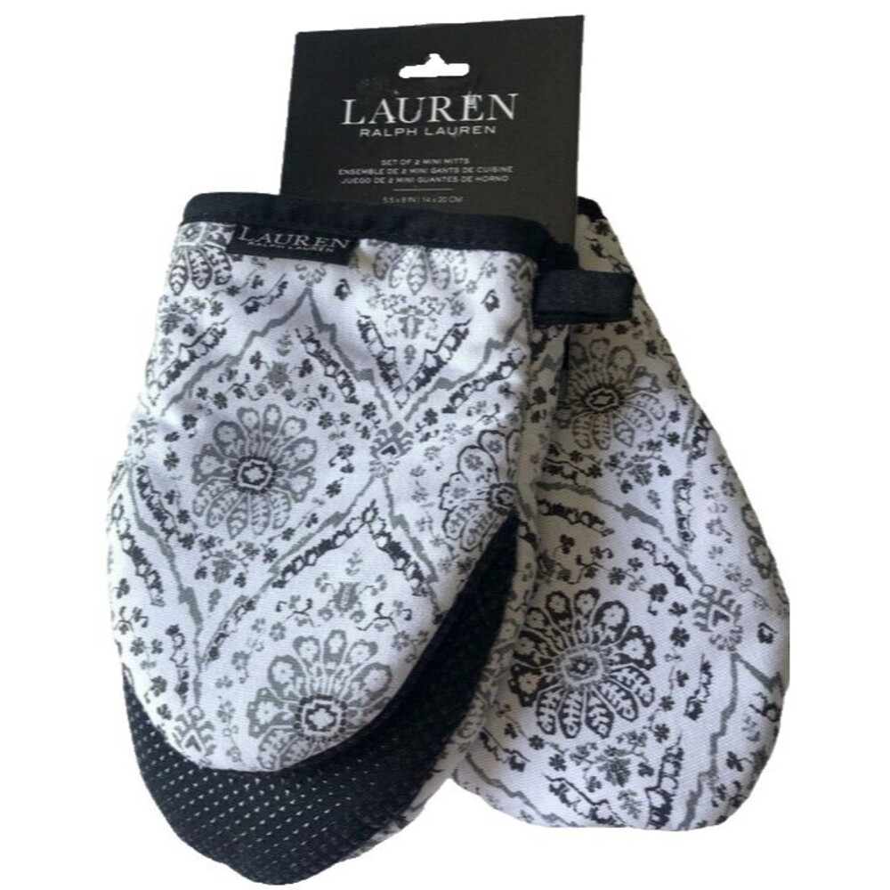 Ralph Lauren Medallion Mini Oven Mitts Neoprene Grips White Gray Black Set of 2